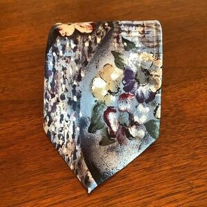 Elegant Floral Print Silk Tie in Blue & Gray W/ Watercolor Cherry Blossom Design
